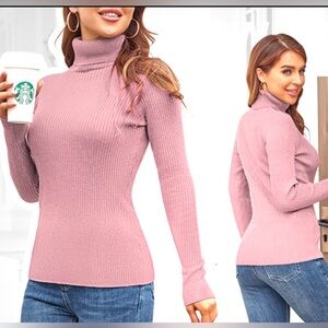 Pink Ribbed Turtleneck Sweater